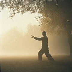 Serene Morning: Man Embracing Emotional Healing and Spirituality Through Tai Chi in Misty Dawn