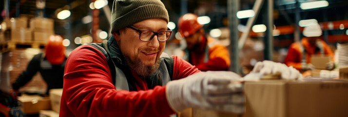 Large warehouse with employees.AI generative.