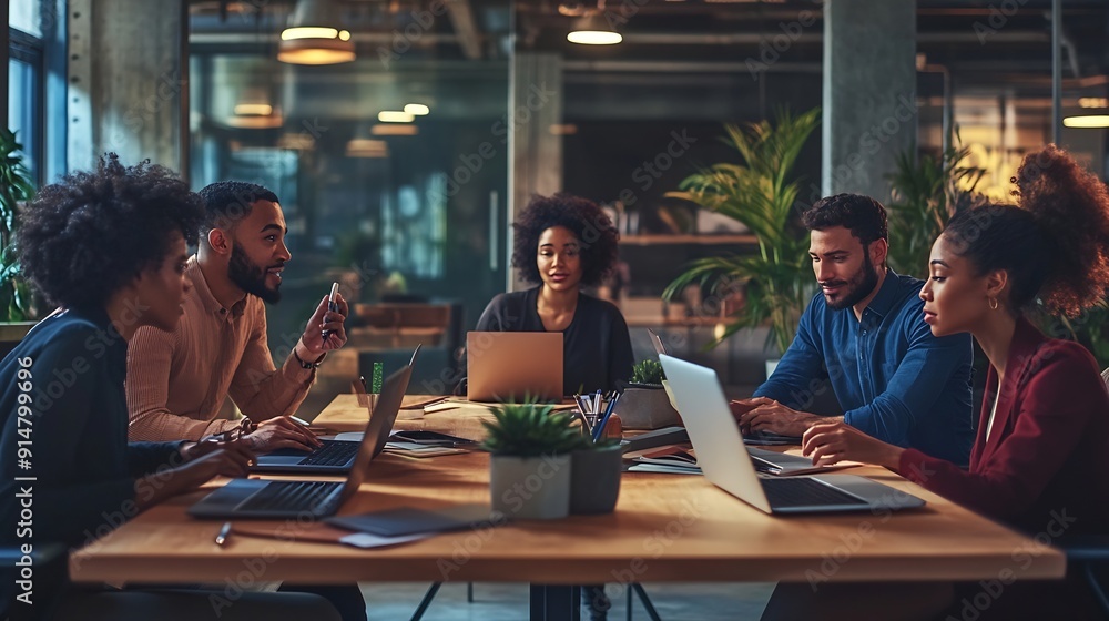 Poster A diverse group of individuals working together around a table with laptops in a modern business setting : Generative AI