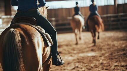 Instructor adjusts young riders position in equestrian training in riding arena : Generative AI