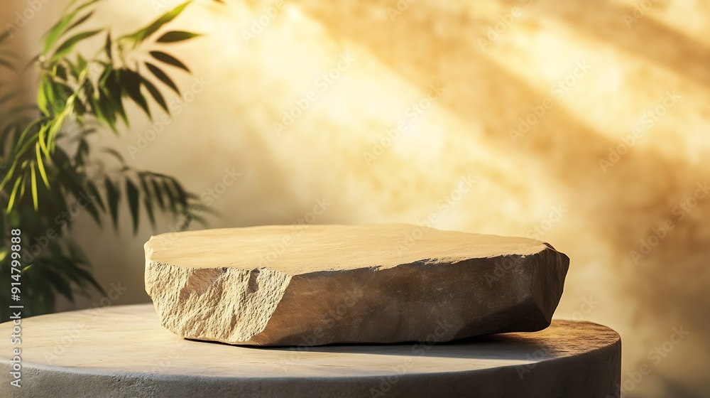 Aufkleber product display podium rock stone with blurred background with sunlight shadow : generative ai