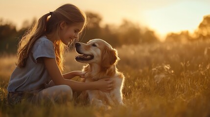 A Portrait of teenage girl petting golden retriever outside in sunset : Generative AI