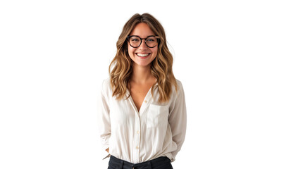 Portrait of a smiling young businesswoman wearing glasses, isolated on transparent background