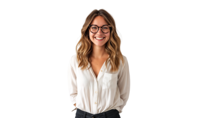 Portrait of a smiling young businesswoman wearing glasses, isolated on transparent background