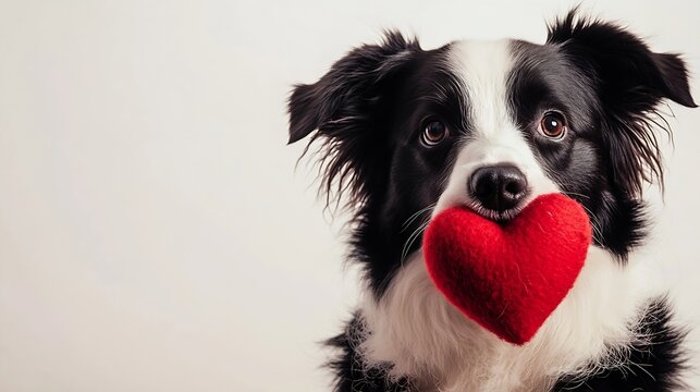 St Valentines Day concept Funny portrait cute puppy dog border collie holding red heart in mouth isolated on white background close up Lovely dog in love on valentines day gives gift : Generative AI