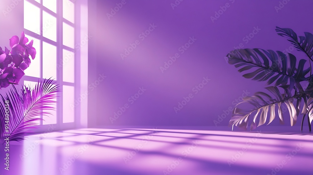 Leinwandbilder Abstract purple studio background for product presentation Empty room with shadows of window and flowers and palm leaves  3d room with copy space Summer concert Blurred backdrop : Generative AI