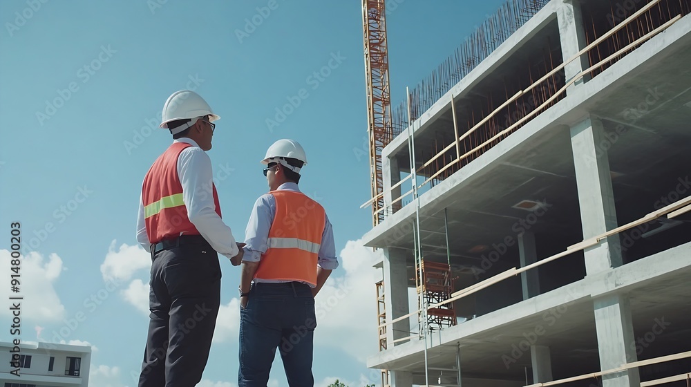 Poster civil engineer with personal safety equipment checking and consult with construction site foreman te