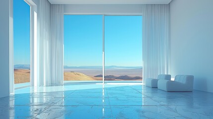 Fototapeta premium Minimalist and modern illustration of a large window with curtains facing the wall. creates a sense of depth and perspective. window in the a minimalist interior architecture