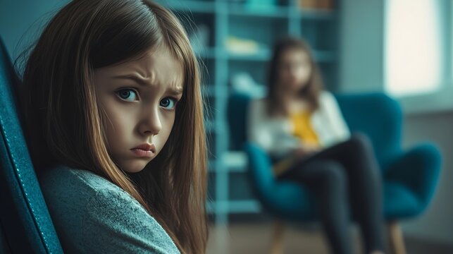 Kid at therapists office Child refusing to have conversation Sad depressed apathetic preeten or teenage girl turns away and ignores psychologist not ready to discuss her problems and e : Generative AI