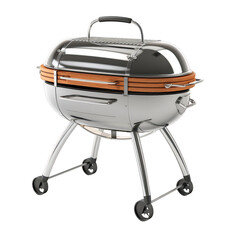 A silver and brown grill with a handle