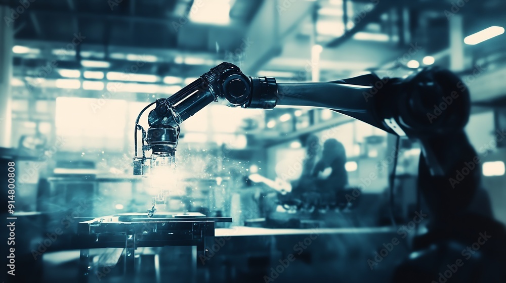 Fototapete mlb mechanized industry robot arm and factory worker double exposure concept of robotics technology 