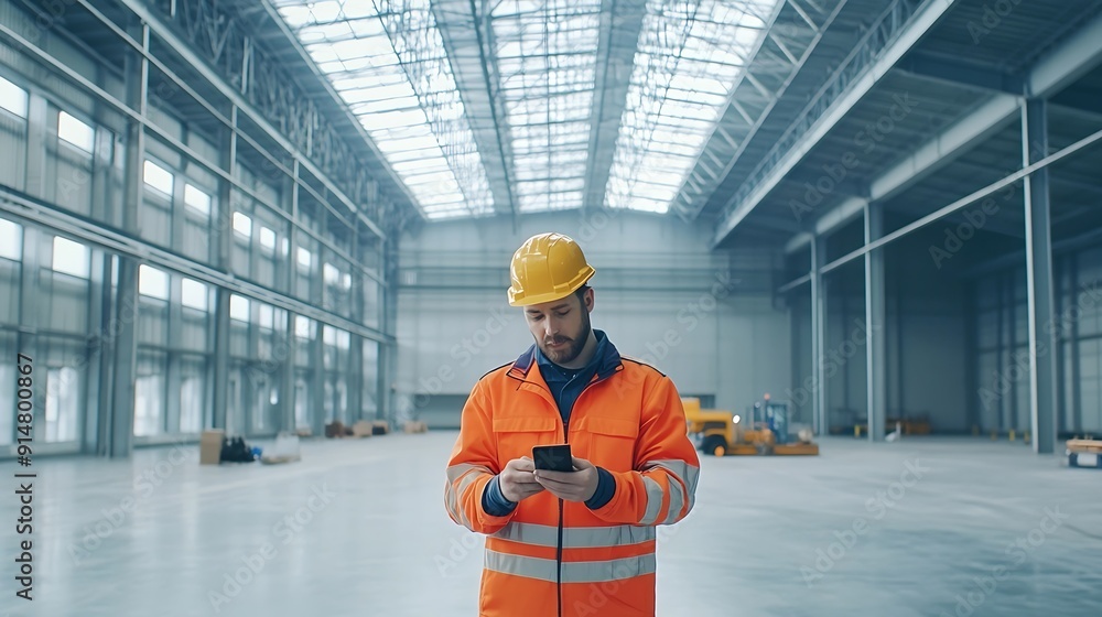 Fototapete Man builder Architect of industrial buildings Construction engineer stands in empty hangar Architect uses internet on his phone Builder of industrial buildings Man engineer in work uni : Generative AI