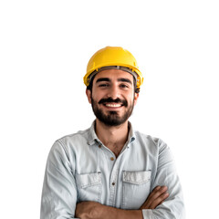 Portrait of a smiling construction worker wearing helmet with arms crossed, isolated on transparent background