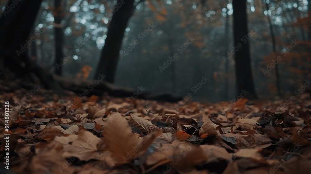 Aufkleber moody autumn view in the forest fall season background photo brown fallen leaves on the ground : gen