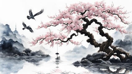 Serene Cherry Blossom Tree, Glowing Moon, and Birds Over Water in a Tranquil, Dreamlike Scene