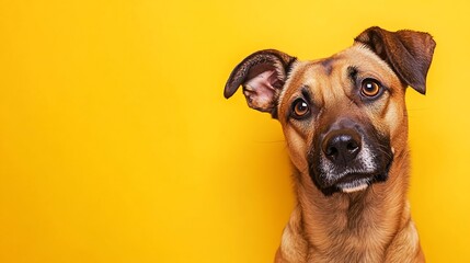 Obraz premium Studio headshot portrait of mixed breed rescue dog tilting head against yellow background : Generative AI