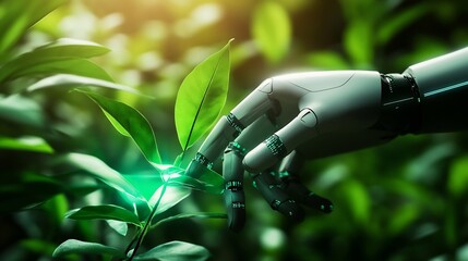 smart agriculture futuristic industry 40 technology concept cyborg hand put to touch hand with green leaves with hud technology including artificial intelligence 5g to analysis data of : Generative AI