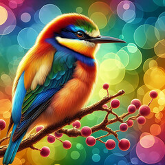 Obraz premium Colorful birds sitting on a tree branch surrounded by blooming pink flowers, creating a lively natural setting