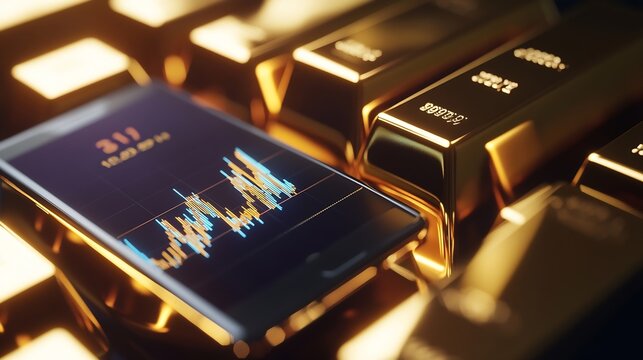 gold bars place on the phone that opens the candlestick chart Fluctuations in gold prices concept : Generative AI