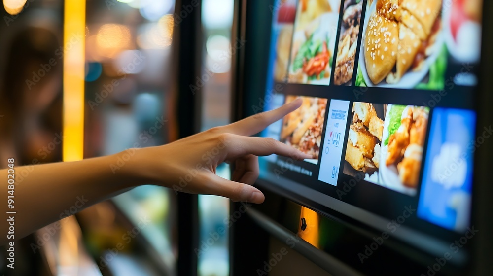 Poster selective focus to customers hand is touching a touch screen to order food and pay electronically : 