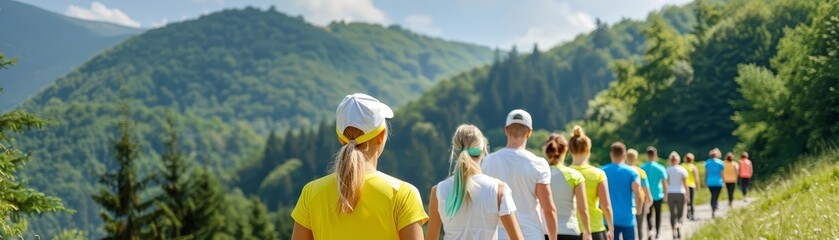 Fototapeta premium Outdoor bootcamp training, diverse group, scenic nature background, high-energy, outdoor workout training program, adventure, fitness