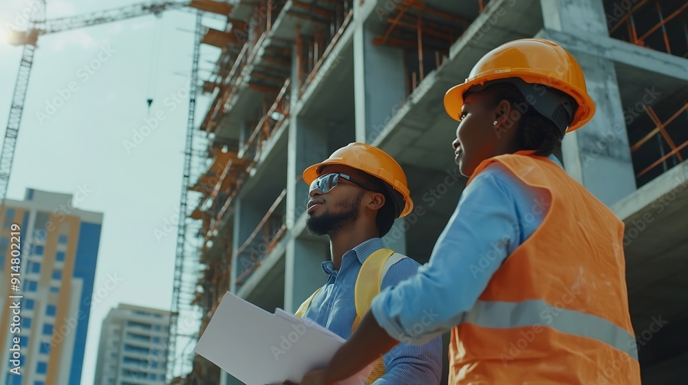 Aufkleber Engineering construction site and team outdoor for building project planning and architecture Black woman and men contractor together for development and safety assessment discussion i : Generative AI