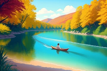 Fototapeta premium Beautiful and Peaceful Nature Scenery Illustration, Landscape, Countryside, Tranquil, Vibrant and Colorful