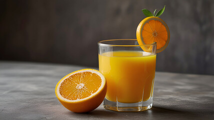 orange juice and oranges, orange juice in a glass, fresh oranges, citrus fruits, vibrant colors, bokeh background. Ai generative