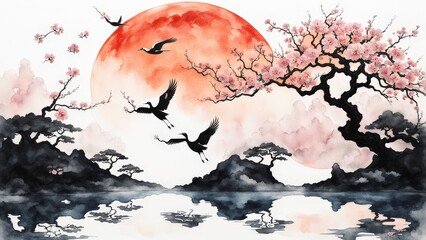Serene Cherry Blossom Tree, Glowing Moon, and Birds Over Water in a Tranquil, Dreamlike Scene