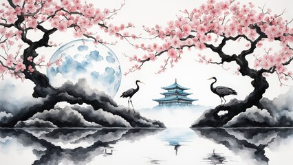 Serene Cherry Blossom Tree, Glowing Moon, and Birds Over Water in a Tranquil, Dreamlike Scene