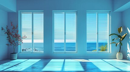 Fototapeta premium Minimalist and modern illustration of a large window with curtains facing the wall. creates a sense of depth and perspective. window in the a minimalist interior architecture