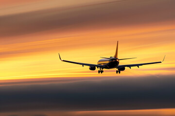 Naklejka premium Aeroplane flying above the clouds and the setting sun in the background. AI generative.