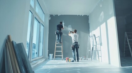 Two male workers from the professional home renovation service painting walls light gray in a big bright living room interior inside a new modern house or apartment : Generative AI