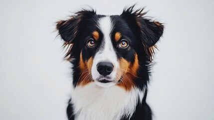 Fototapeta premium Closeup portrait of expressive Red tricolor Australian Shepherd isolated on white : Generative AI