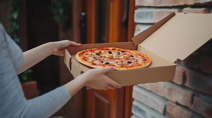 Hands pizza and woman at front door with delivery man for online shopping takeout supplier and distribution service Fast food courier and customer with cardboard box sales dinner order : Generative AI