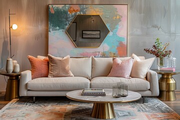 Mid-century modern living room with soft grey sofa, brass side tables, abstract art, hexagon mirror, and pastel color scheme, featuring textured pillows, elegant glassware, and soft lighting 
