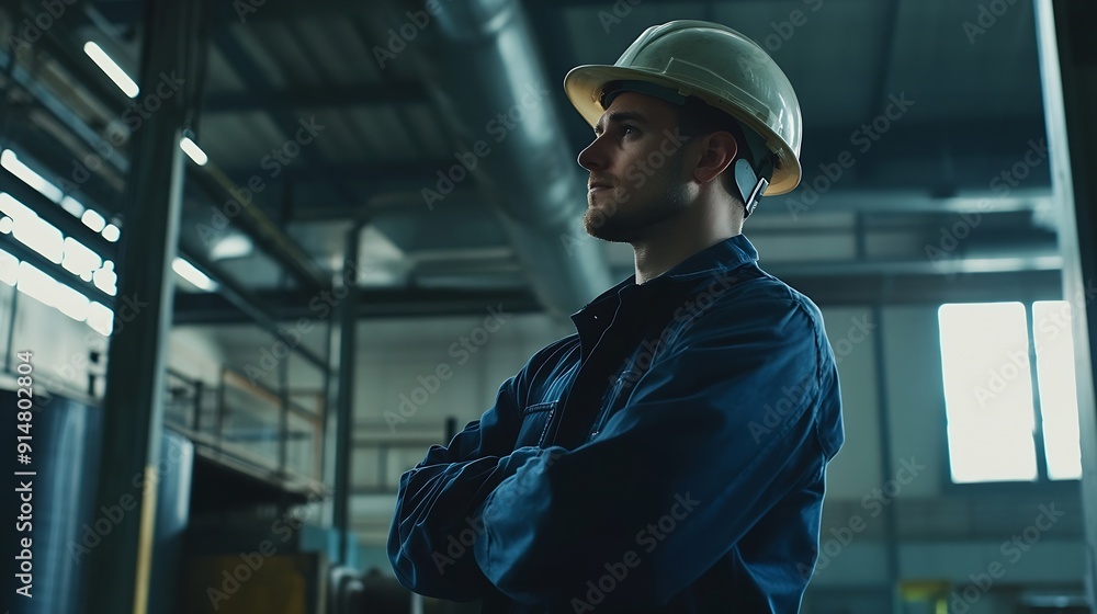 Aufkleber professional caucasian manager engineer wearing safety hardhat is training industry worker workshop 