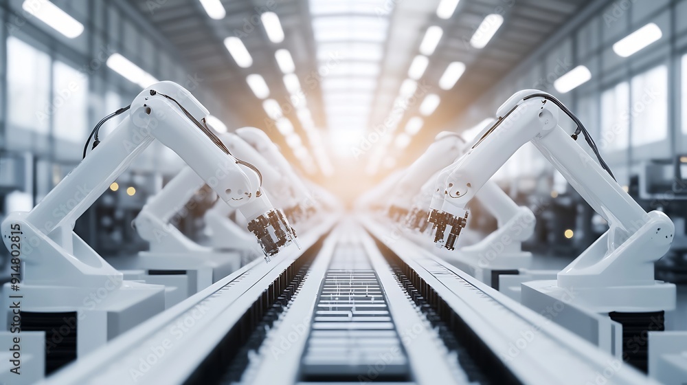 Aufkleber row of white robotic arms at automated production line at bright modern factory industrial robot arm