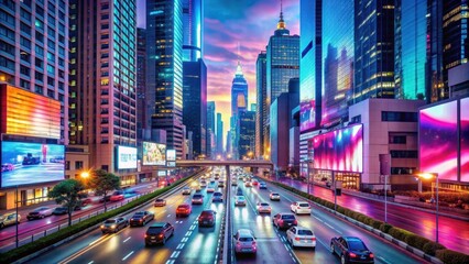 Obraz premium Vibrant cityscape with cars driving through neon lights and skyscrapers covered in billboards