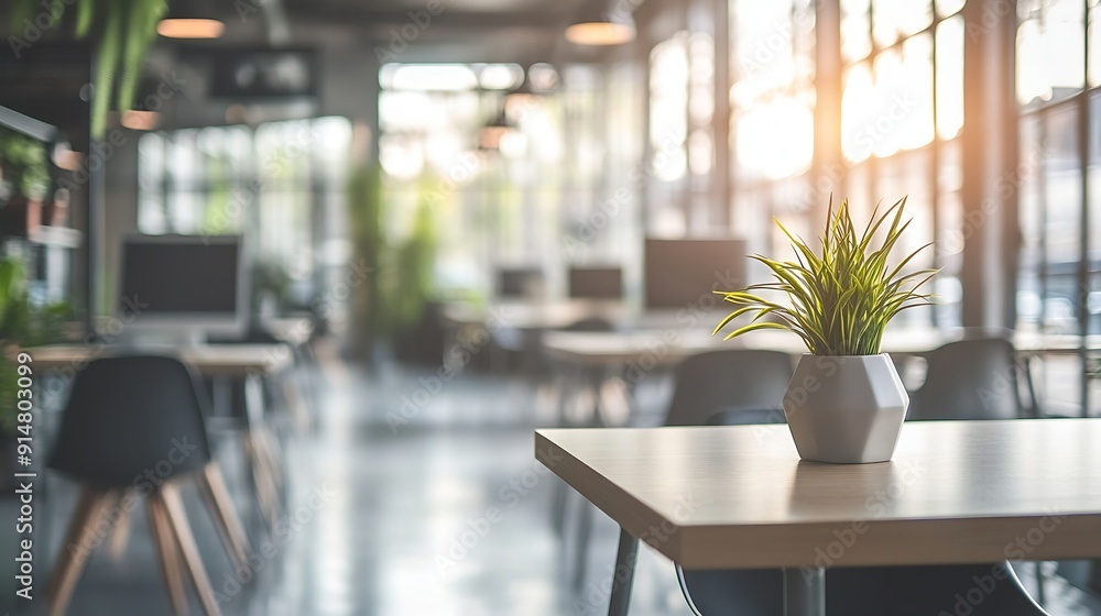 Fototapete modern open space business office interior without people with blurred bokeh background tables chair