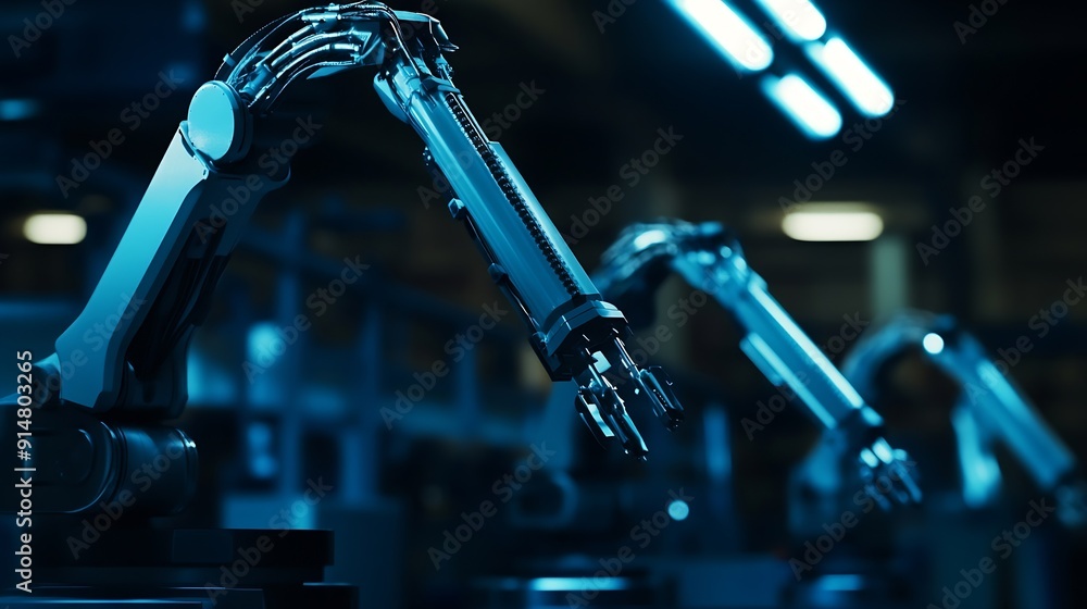 Poster MLP Smart industry robot arms for digital factory production technology showing automation manufacturing process of the Industry 40 or 4th industrial revolution and IOT software to con : Generative AI