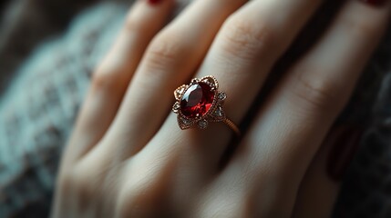 The ring is made of ruby gemstones on a womans hand elegant and beautiful : Generative AI