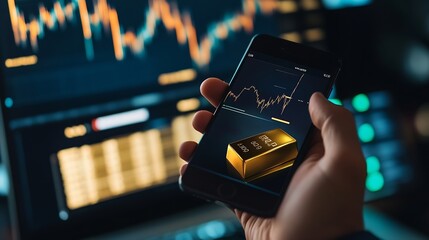 Hand holding  gold bar and phone that opens the candlestick chart and dollar Fluctuations in gold prices concept : Generative AI
