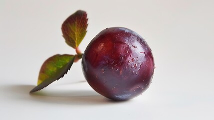 Obraz premium A Single Plum with Leaves on a White Background