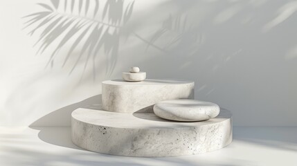 Stone podium for showcasing products for branding, identity, and packaging of cosmetics.