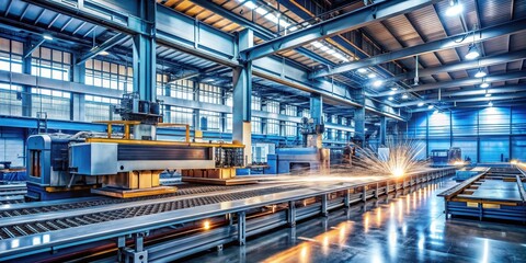 Futuristic metal fabrication plant with advanced machinery in action, metal fabrication, futuristic