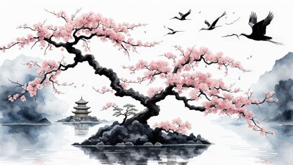 Serene Cherry Blossom Tree, Glowing Moon, and Birds Over Water in a Tranquil, Dreamlike Scene