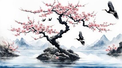 Serene Cherry Blossom Tree, Glowing Moon, and Birds Over Water in a Tranquil, Dreamlike Scene