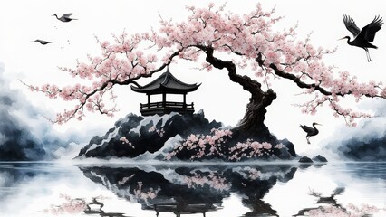 Fototapeta premium Serene Cherry Blossom Tree, Glowing Moon, and Birds Over Water in a Tranquil, Dreamlike Scene