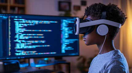 Boy with VR headset coding AI code assistants help error-check existing code and generate new code from text prompts